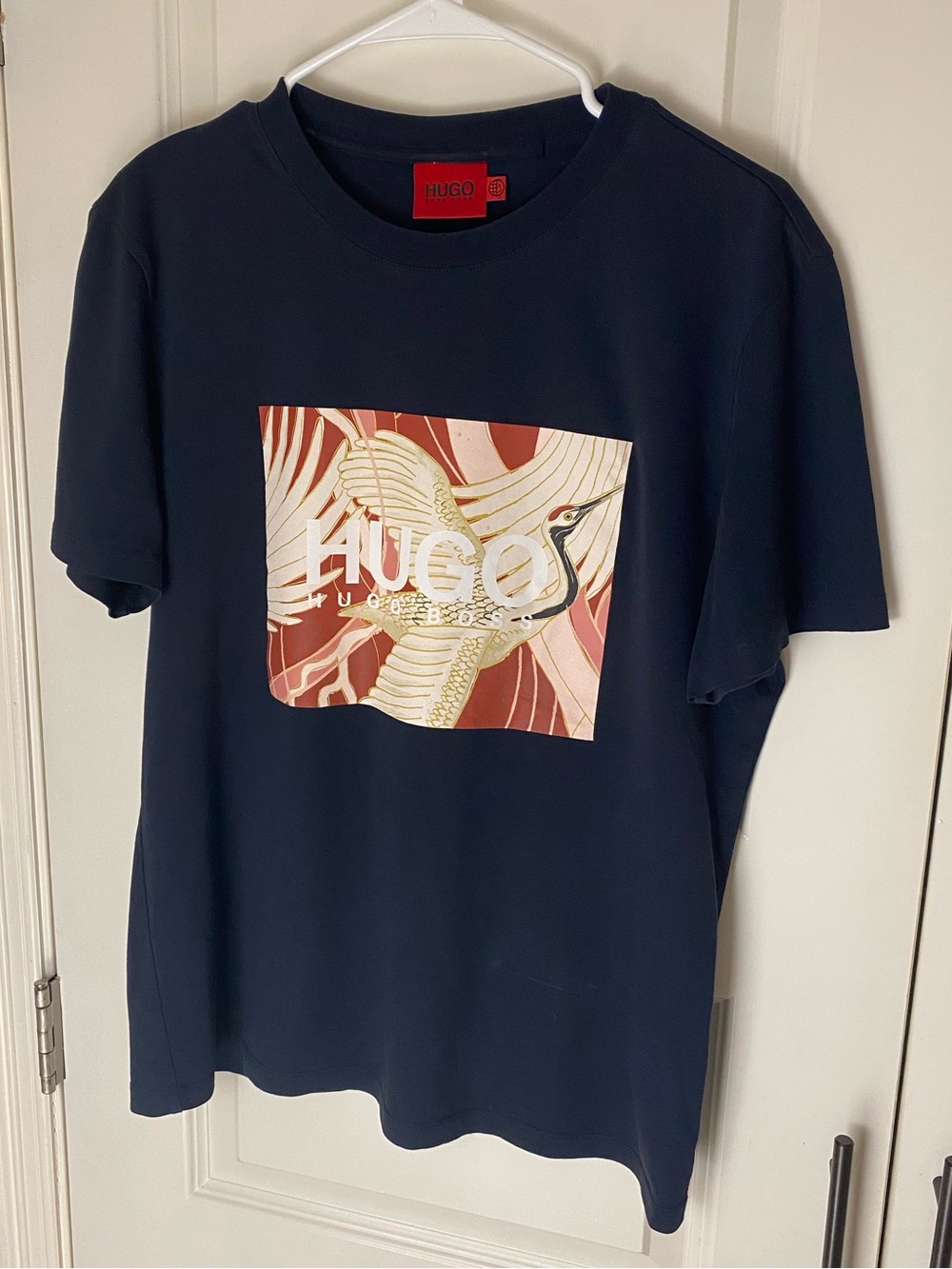 HUGO Men’s Navy Tee with Cream & Rust Graphic Panel - Size S
